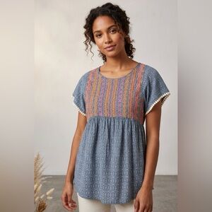 THML Blue Geometric Print Top with Embroidered Yoke and Pom-Pom Trim